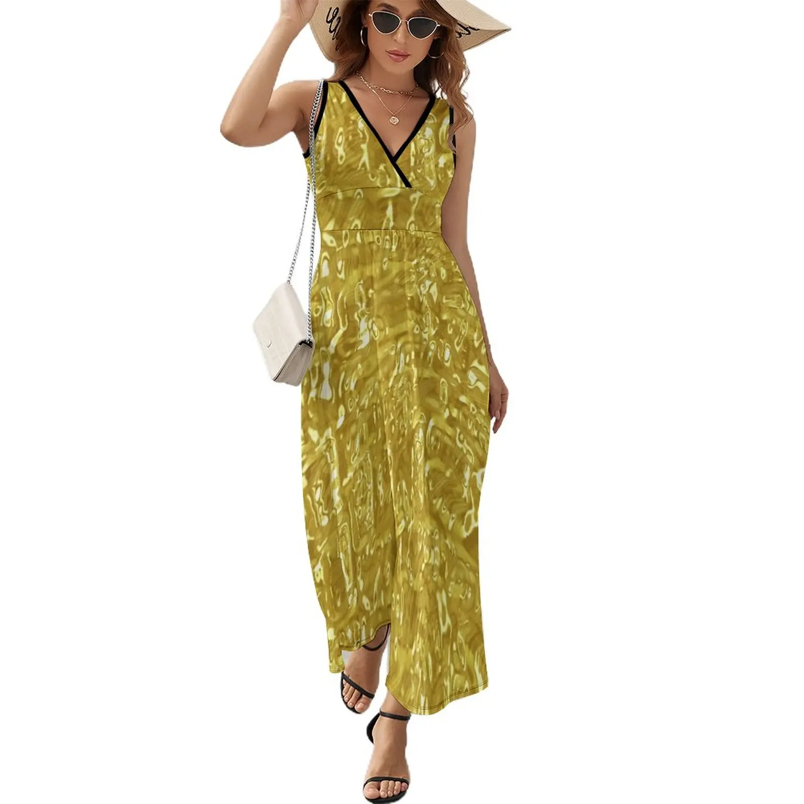 

Платье-Макси женское с золотистой металлической текстурой, длинное пляжное платье в стиле бохо, с абстрактным блестящим искусством, с принт...