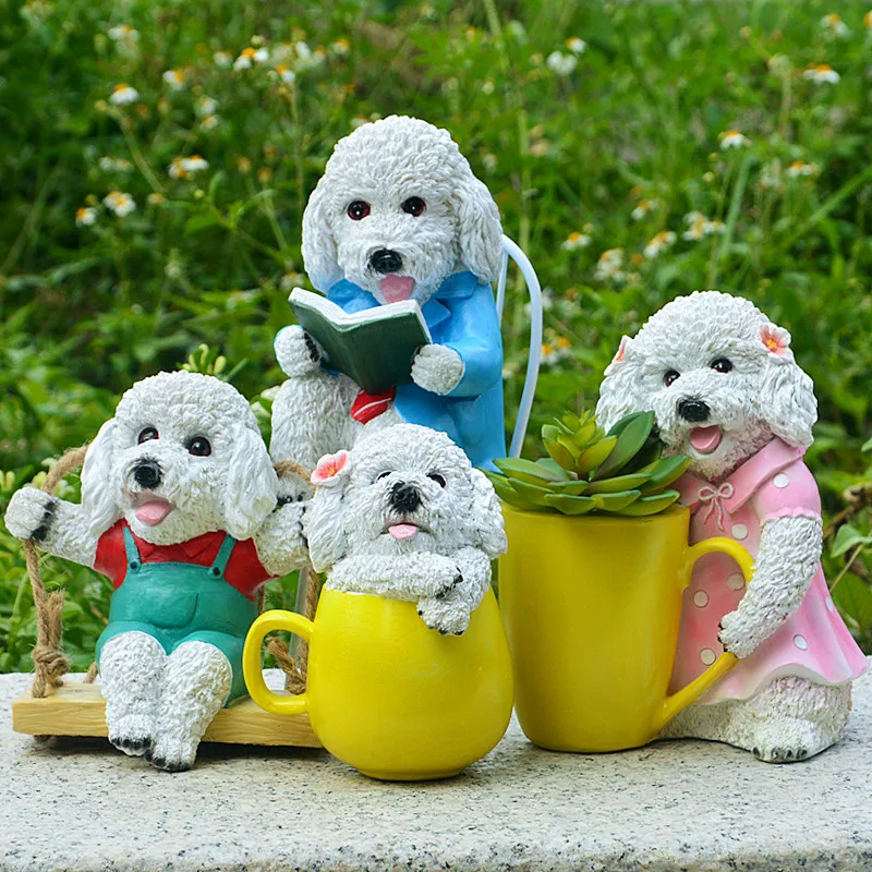 

Pastoral Animal Teddy Dog Resin Ornaments Home Livingroom Cup Dog Flower Pot Figurines Craft Outdoor Garden Sculpture Decoration