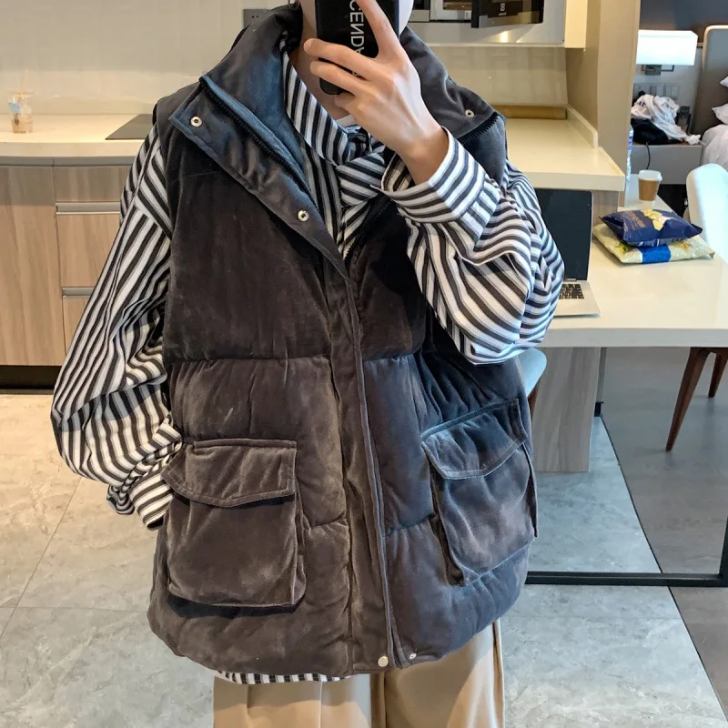 

Men Fashion Sleeveless Waistcoat Muti-pockets Stand Collor Cotton Vest Autumn Winter Warm Coat Plus Size 5XL For Male