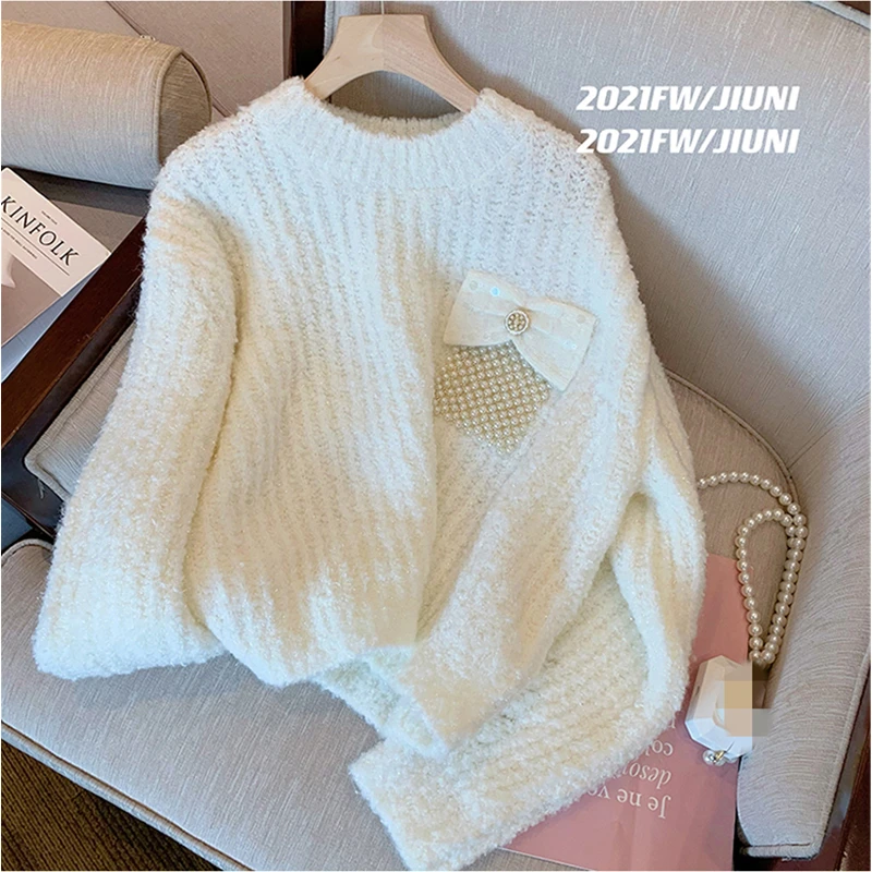 

Зимняя женская одежда, белый свитер, модный Свободный винтажный вязаный пуловер с круглым вырезом и карманами, украшенный длинными рукавам...