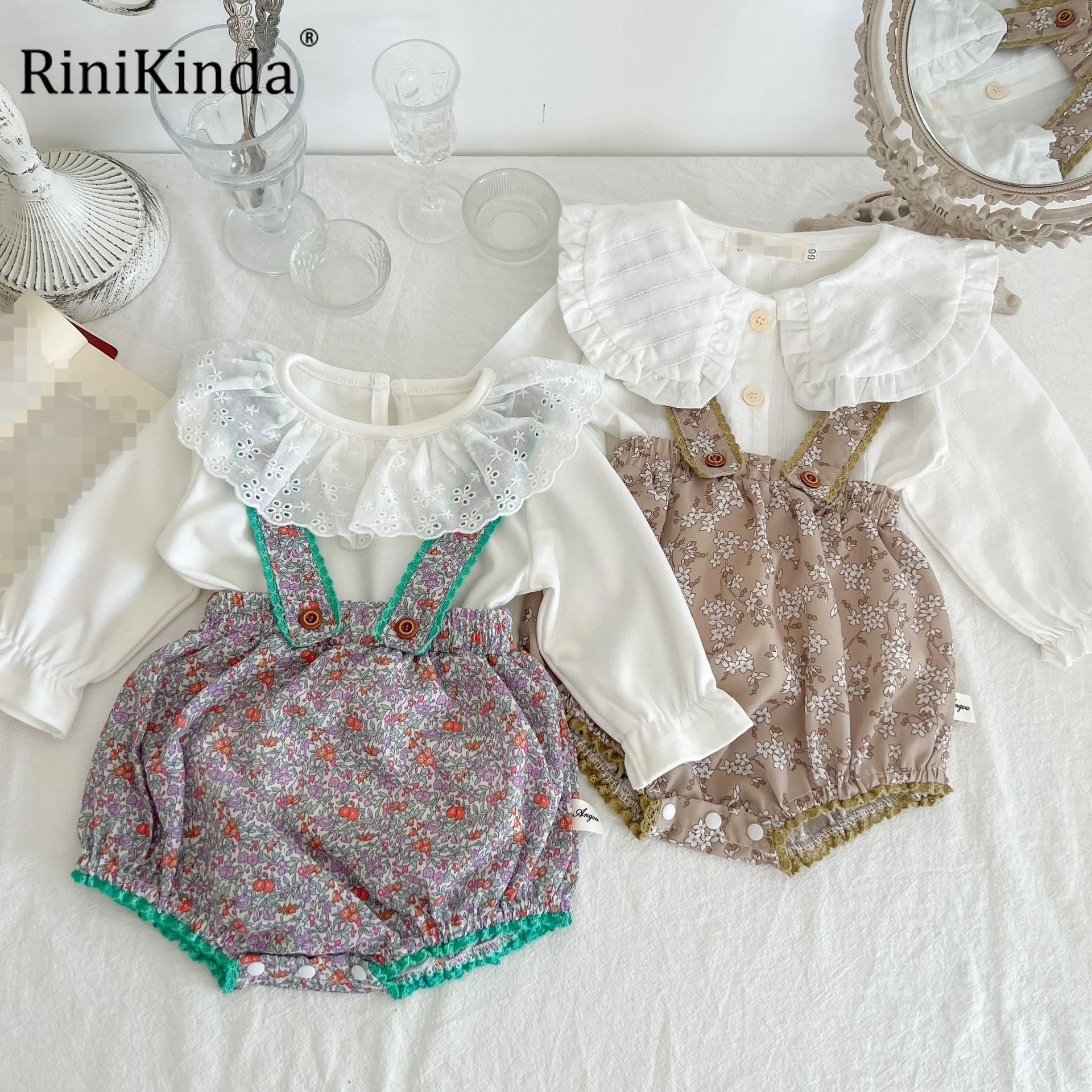 

RiniKinda 2022 Autumn Baby Girls Romper Short Cute Cotton Floral Overall Jumpsuit Fashion Korean Kids Costumes Clothing