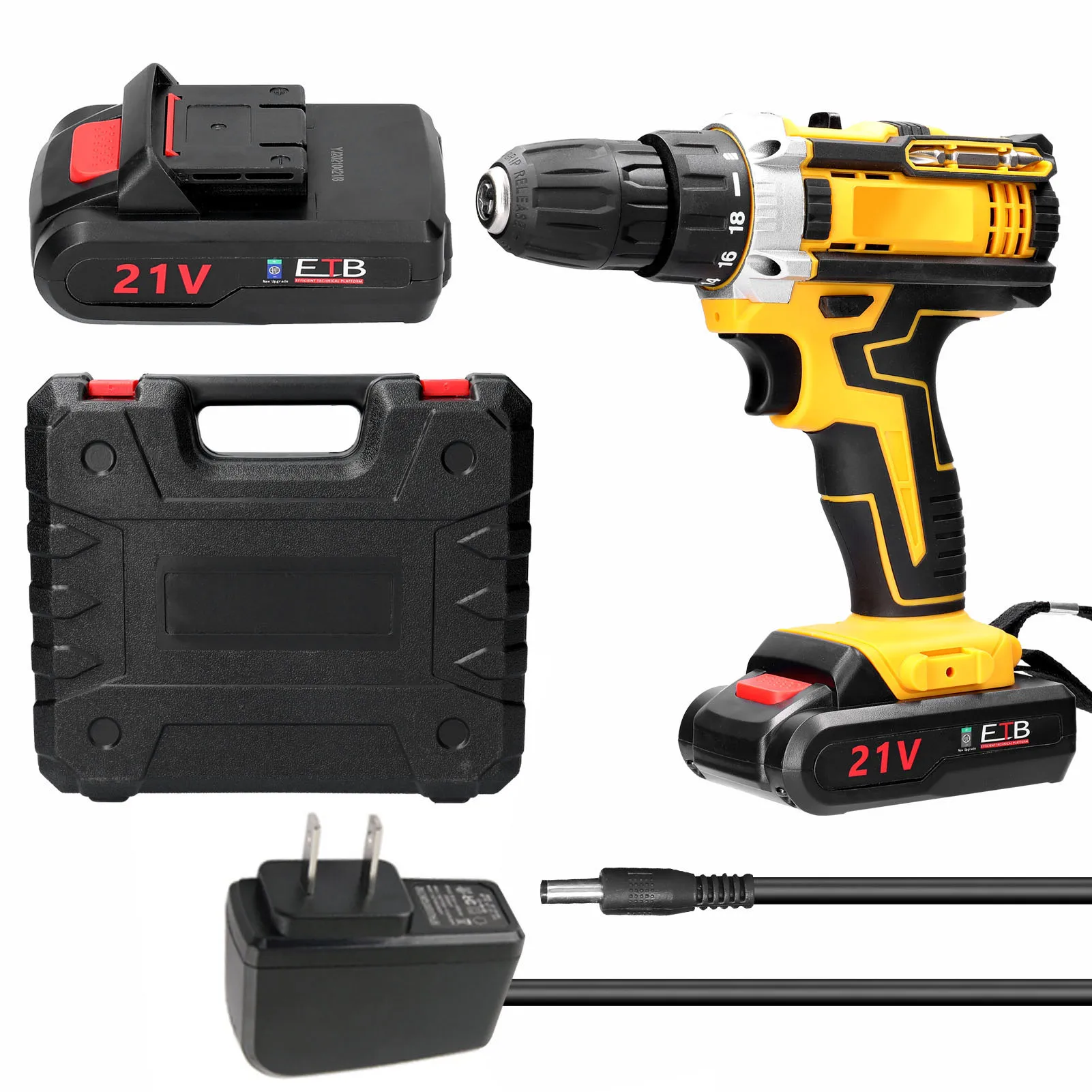 

21V Cordless Electric Screwdriver Electric Drill Brush Motor 2 Speeds Adjustment 18 Gears of Torque Holes Drilling Machine