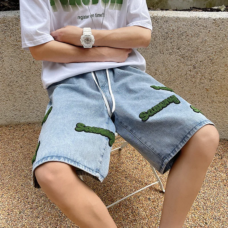 

Men Letter Flocking Embroidery Shorts Summer Shorts Cowboy Mens Elastic Strap Men's Shorts Casual Male Gray Light Blue
