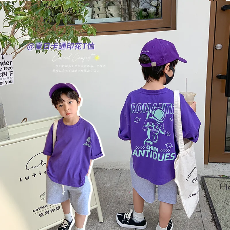 

Детская футболка, Новинка лета 2022, детский Свободный Топ корейской версии с буквами алфавита и короткими рукавами для мальчиков