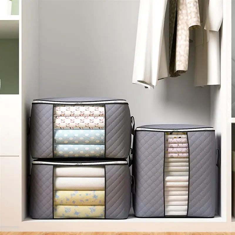 

3 PCS/Set Home Quilt Clothes Storage Bag Handle Large Capacity Pillow Blanket Holder Double Zippers Clothes Organizer