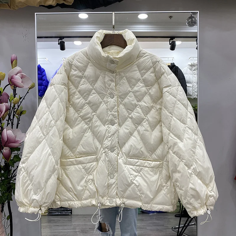 Fashion Women's Short Coat Thin Velvet Loose Casual Jacket Korean Style Loose Stand-up Collar Diamond White Duck Down Jacket