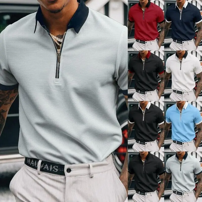 

Мужская рубашка-поло с коротким рукавом, Повседневная Свободная Спортивная дышащая футболка на молнии для гольфа, однотонные Топы
