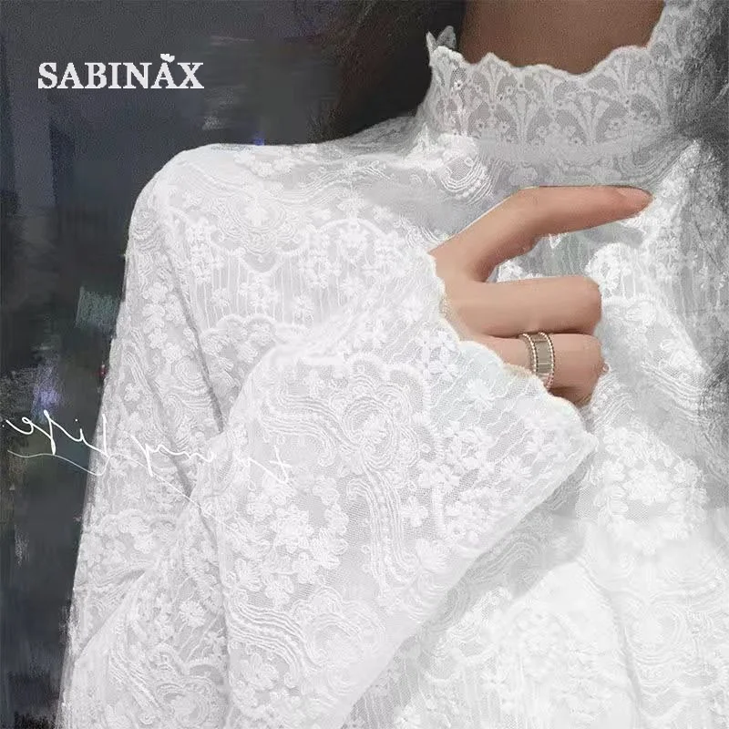 

SABINAX Inner Lace Shirt Woman Spring Winter Long Sleeved Half Turtlemeck Mesh Bottoming Shirt Korean Fashion Top Women Clothing