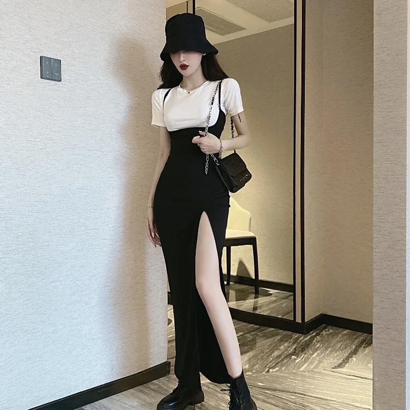 

Women Sexy Summer Dress Set Slim High Waist Split Suspender Strap Dress Night Club Bar Outfit