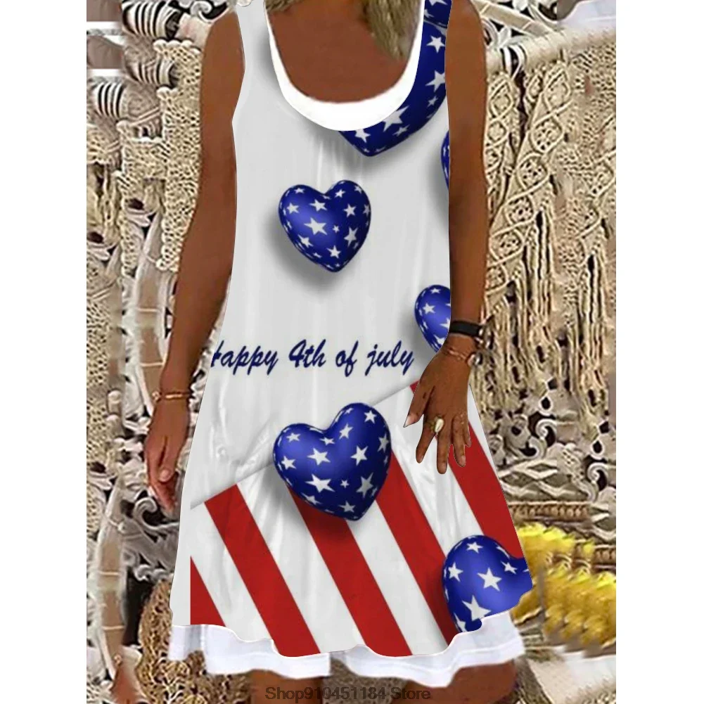 

Women Dress Midi Fake Two Piece Dress American Flag Pattern Stars And Stripes Sexy Sundress Ladies Beach A Vestidos Sleeveless