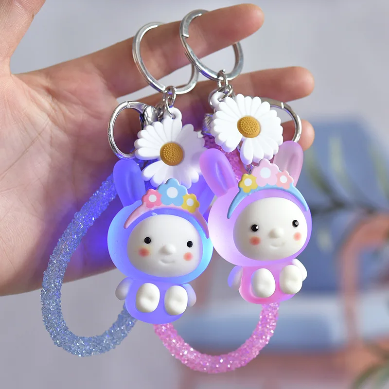

Little Rabbit Keychain Frosted Keychains Women Cartoon Creative With Lights Acrylic Daisy Drill Rope Bag Pendant Glow Fashion