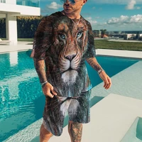 2022 summer lion t shirt set for men o neck 3d animal printed tshirt sets casual t shirt shorts mens tracksuit 2 piece suits