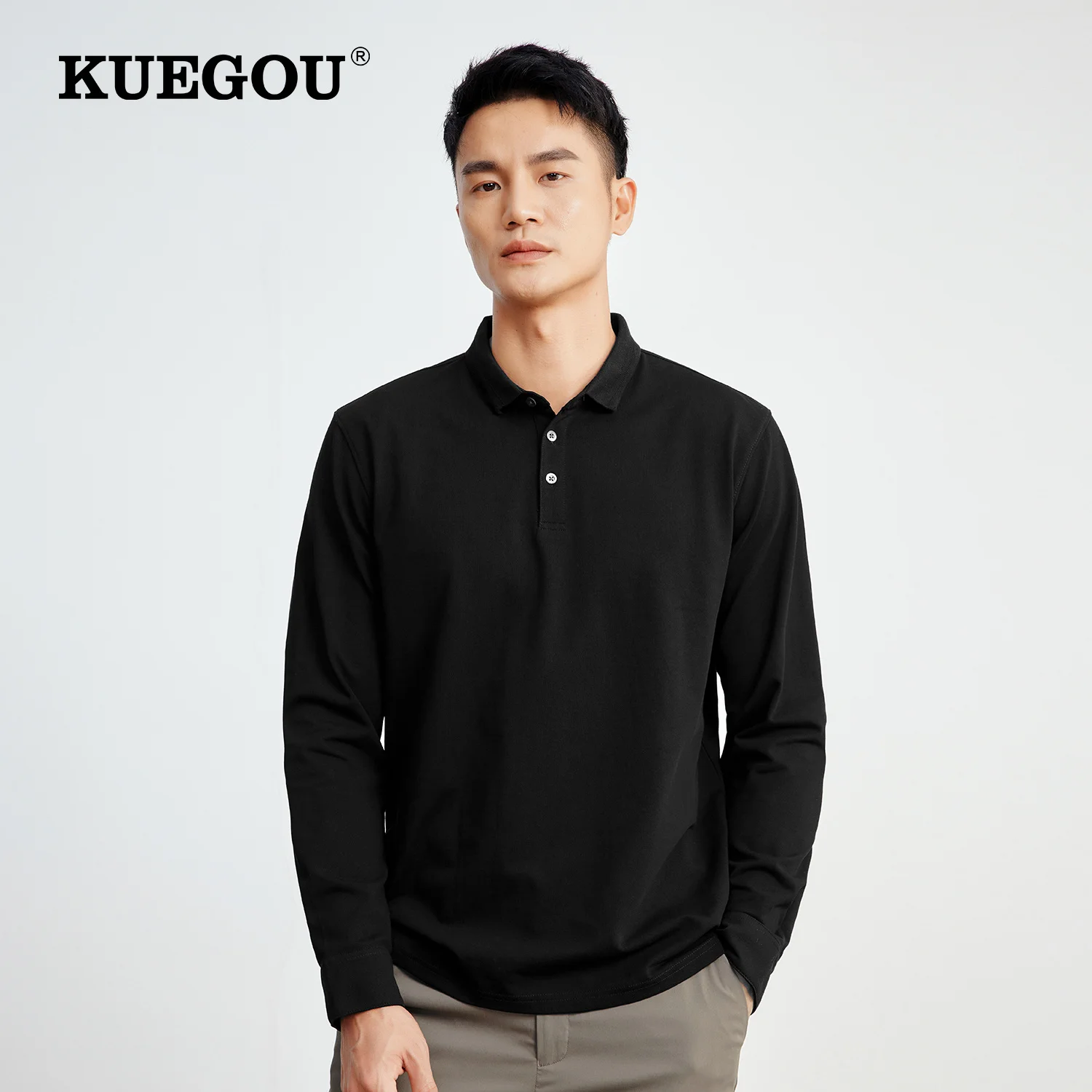 

KUEGOU 2022 Spring Print Black Button Polo Shirt Men Fashion Long Sleeve Slim Poloshirt For Male Brand Plus Size Clothes 88018