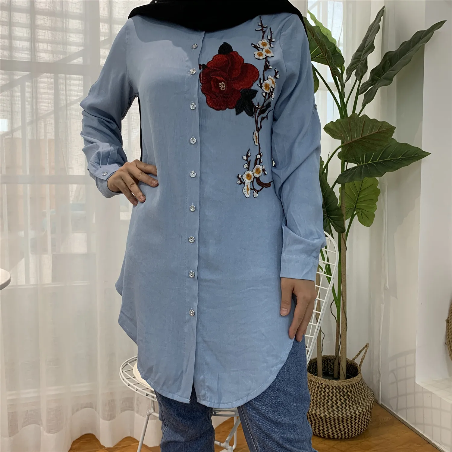 Muslim Dress Fashion Middle East Duabi Abaya Turkey Robe Women Lapel Long Sleeve Embroidery Slim Denim Tops