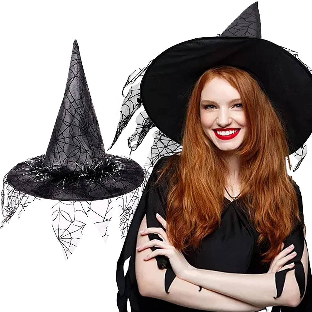 

Halloween Witch Hats with Spider Web Veil for Women Costume Party Hats Wizard Hat Magican Halloween Headdress Party Caps Favors