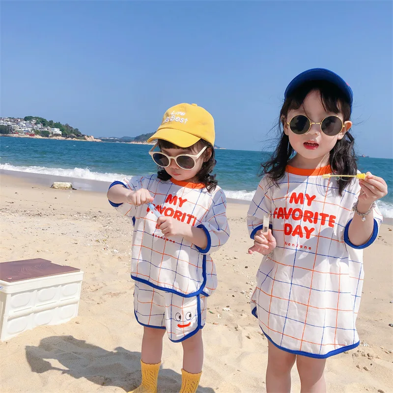 

2023 Korean Summer Children Boys Clothes Set Korean Style Short Sleeve T-Shirt Shorts Girls Dress Suit Brother And Sister Set