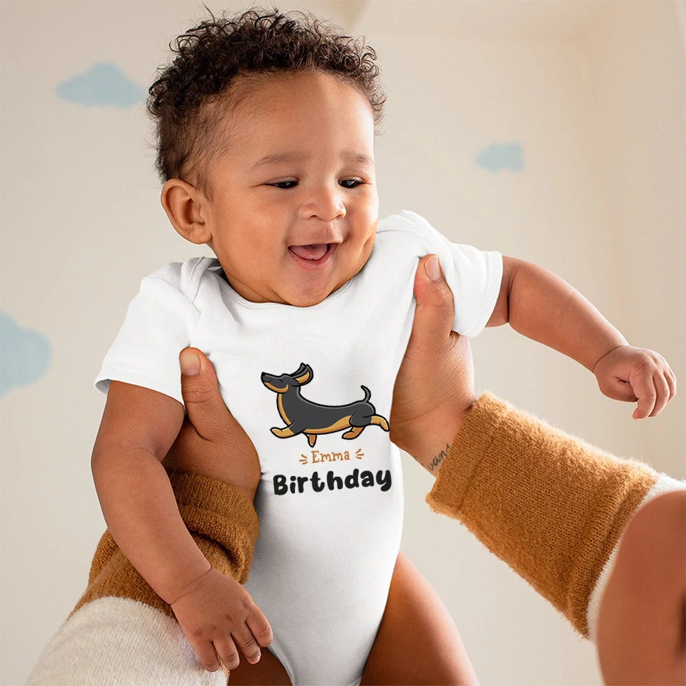 

Personalized Baby Onesies Cartoon Dog Baby Name Romper Custom Short Sleeve Onesie Name Personalized Gift