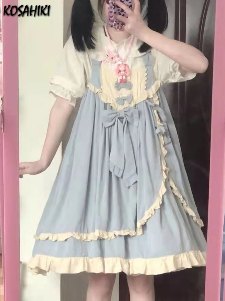 

Костюм каваи японские сарафаны, женское платье Jsk Lolita с оборками + милая блузка для кукол, комплект из двух предметов для девочек Y2k