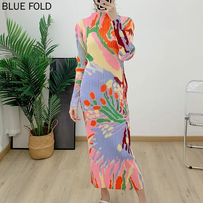 MIYAKE-Плиссированное женское платье с принтом прямое длинное воротником до