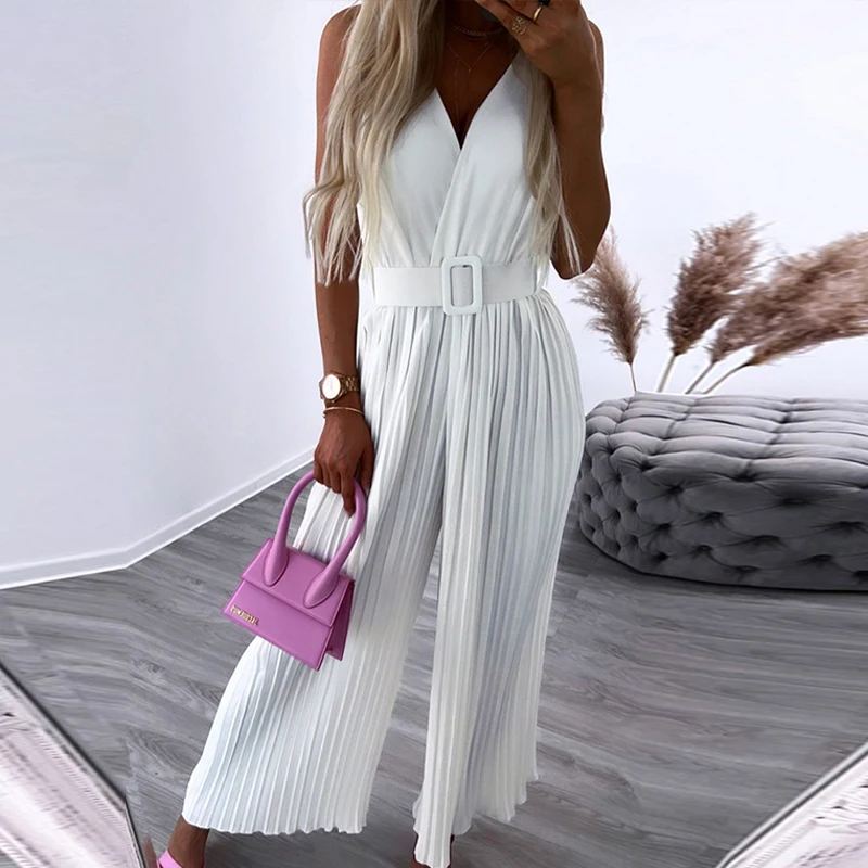 

Sexy V Neck Sleeveless Waist Belt Straight Jumpsuit Fashion Hollow Pleated Long Pants Playsuits Casual Office Commuting Rompers