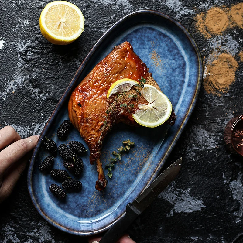 

Голубая овальная тарелка CHYIR в японском стиле, домашние тарелки для рыбы на пару, большая глазурованная цветная креативная поднос для суши, ...