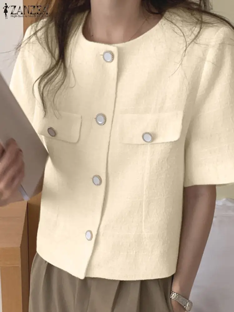 

Универсальный Повседневный Блейзер ZANZEA с коротким рукавом, лето 2022, женский модный винтажный костюм, пиджак с круглым вырезом, женские кост...