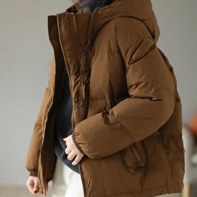 2023 New Winter Hooded Thickening Jacket Women Buttons Pockets White Duck Down Short Warm Coat Outwear Femme Tops Down M57
