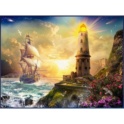 Алмазная мозаика для дома, морской пейзаж, алмазная живопись, маяк, закат, вышивка, маяк, корабль, полная дрель, домашний декор, искусство