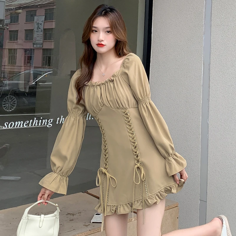 

High Street Solid Dresses for Women 2022 New In Korean Casual Spring/Summer Ruffle Empire Party Dress O-Neck Long Sleeve Fashion