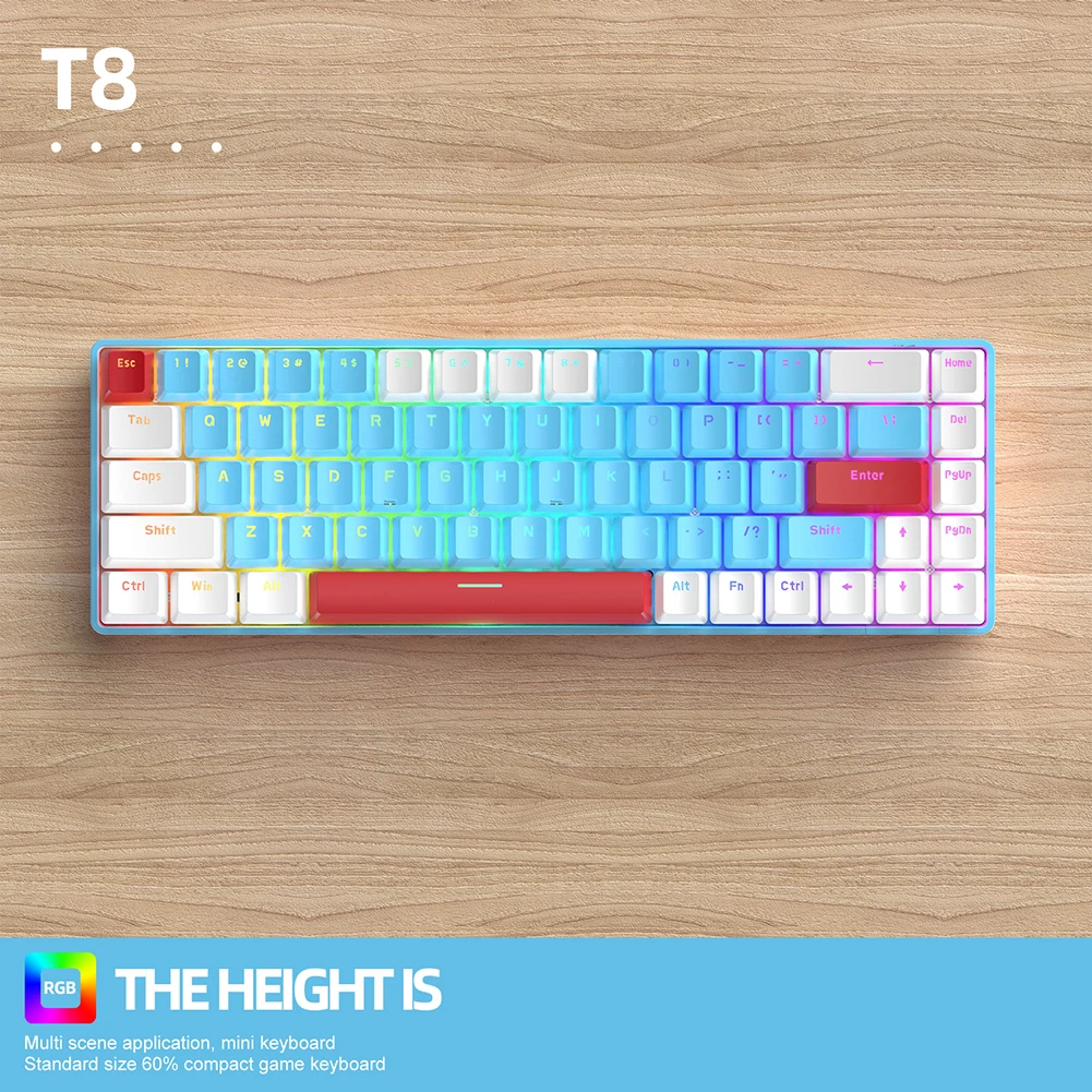 

Проводная Механическая клавиатура T8, 68 клавиш, RGB подсветка, проводная игровая клавиатура, светящиеся клавиши для планшета, ноутбука, компью...