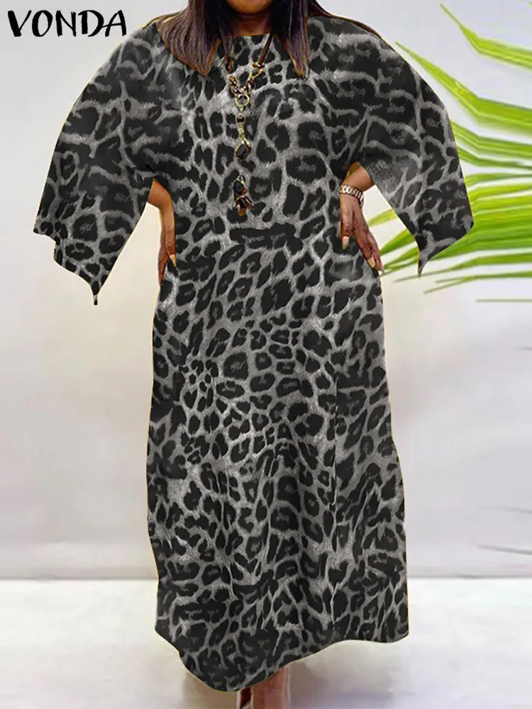 

Women's Kaftan Dress VONDA 2022 Sexy Leopard Print Long Dresses Summer Sundress Casual Loose Holiday Vestidos Robe Femme 6#