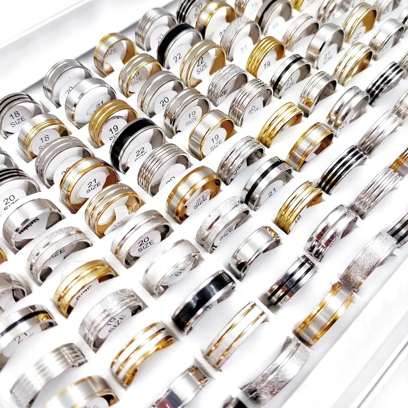 

100Pcs/Lot Classic Stainless Steel Rings for Men and Women Fashion Silvery Golden Black Mixed Wholesale Charm Ring Jewelry Gift