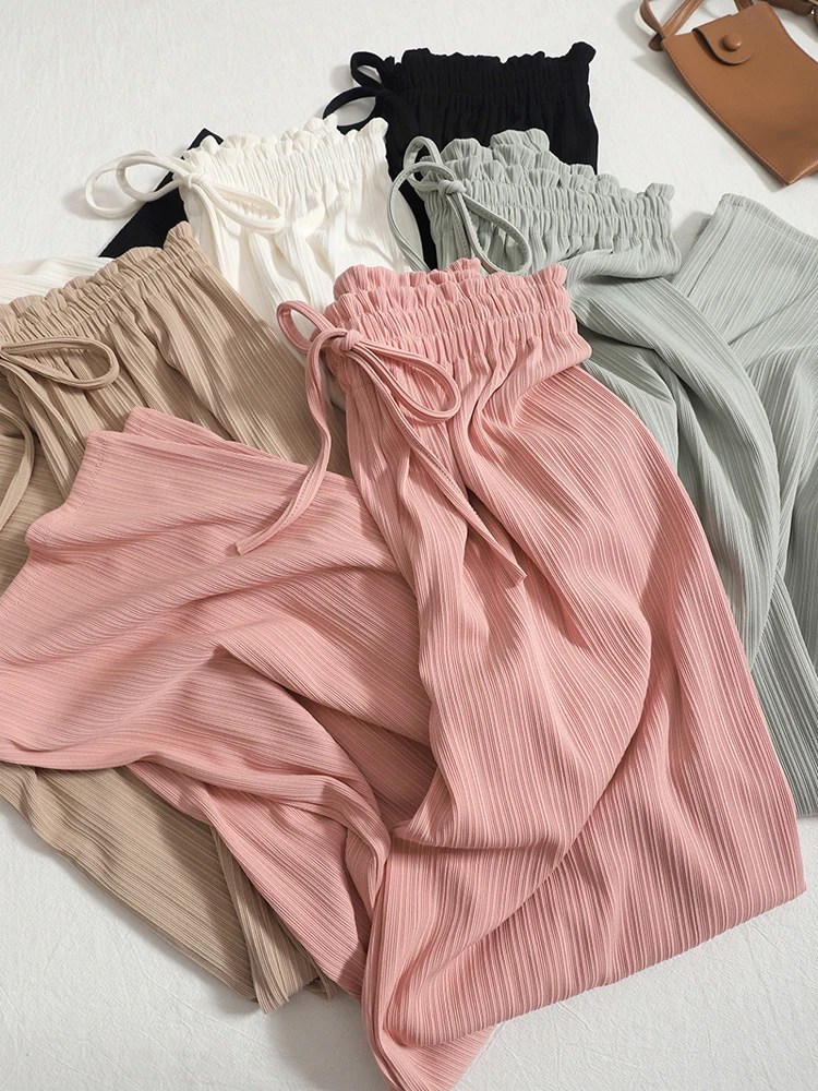 

YornMona Women Pants 2022 Summer Casual Loose All Match Solid Black Wide Leg Long Trousers