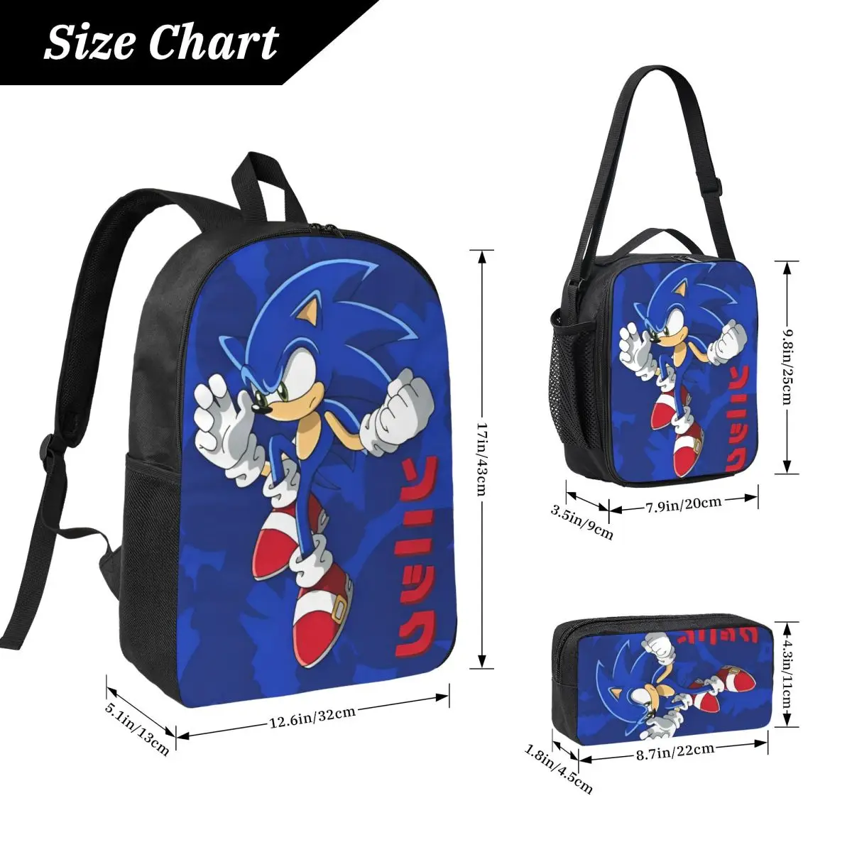 Фото Games Sonices The Hedgehog Shadow 3pecs/set Рюкзак для подростков Холщовые сумки с героями мультфильмов Сумка для обеда Пенал №3