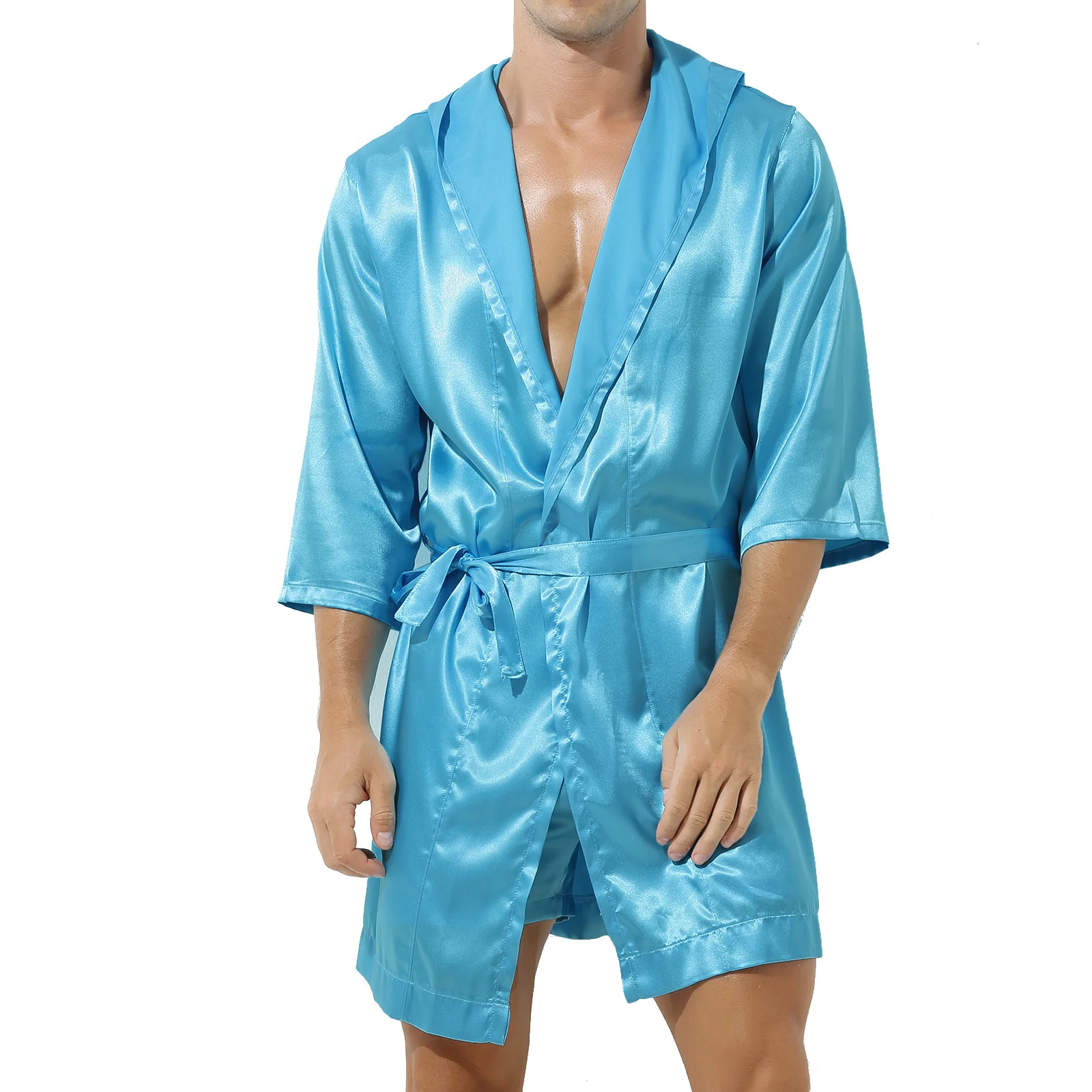 

Mens Robe Sets Loungewear Open Front Hooded Night-robe Satin Slpwear Belted Kimono Half Slve Bathrobe Nightwear