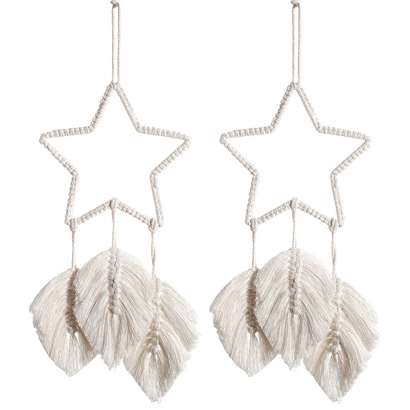 

2 Pcs Macrame Wall Hanging Feather Boho Chic Handmade Woven Leaf Tassels Decoration Bohemian Apartment Wall Decor Art