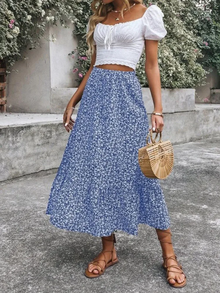 Юбка Женская длинная эластичная с цветочным принтом до бедра |