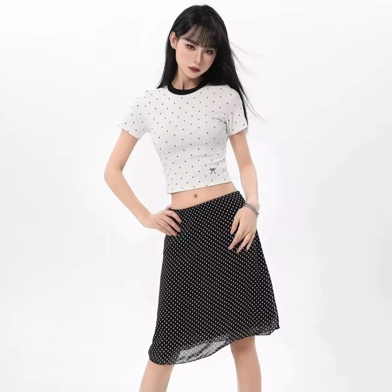 Футболки с принтом в горошек женские корейские модные облегающие укороченные