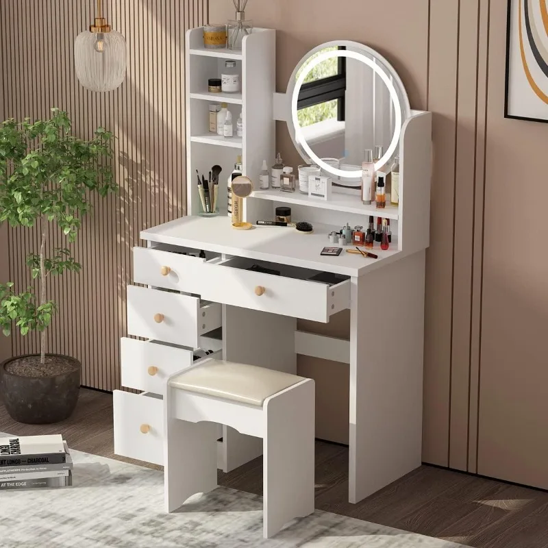 

Makeup Vanity Set Dresser Desk with 5 Drawer and Shelf Round Mirror with Touch Screen and Light Vanity Set with Cushioned Stool