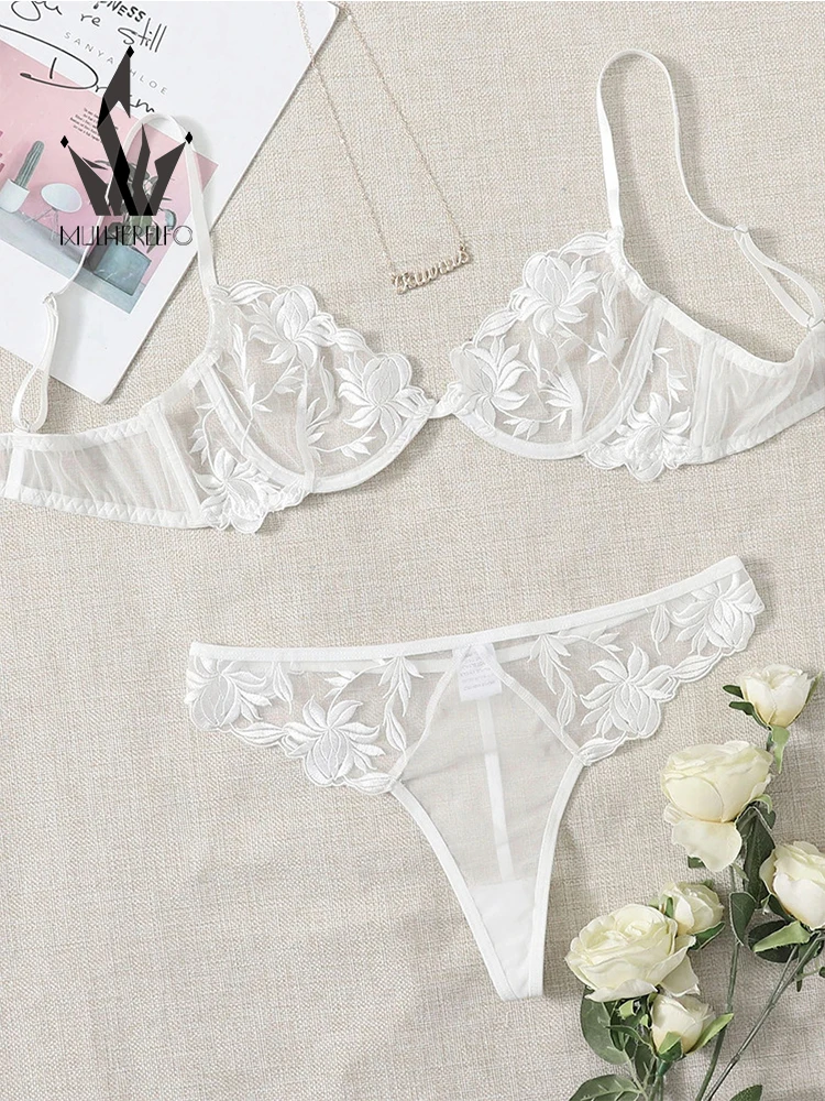 Mulherelfo Sensual Floral Lingerie Sets Women Underwear Sexy Embroidery Transparent Bra and Brief Set Exotic Bralette Outfits