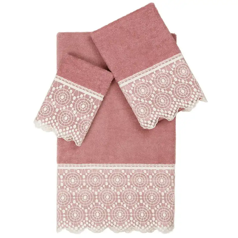 

Traditional/Contemporary 3 Piece Turkish Cotton Arian Cream Lace Embellished Bath Towel Set, Rose Pink