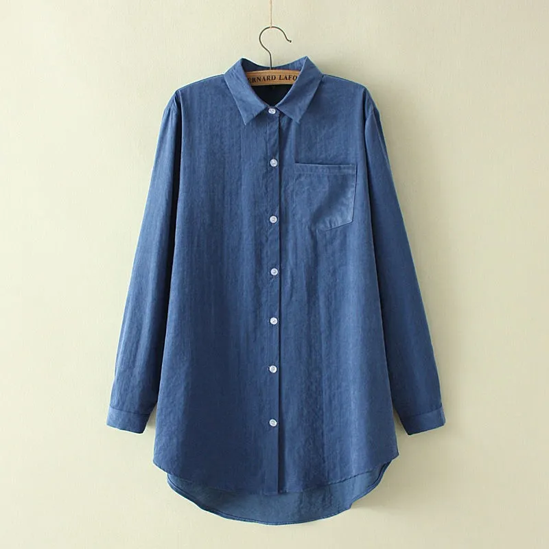 Женская однобортная рубашка Повседневная однотонная свободная Длинная блузка с