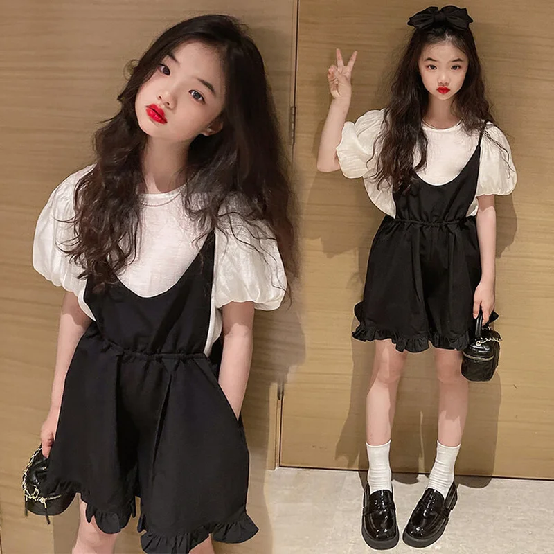 Детская одежда для девочек летняя рубашка с пышными рукавами и комбинезоны