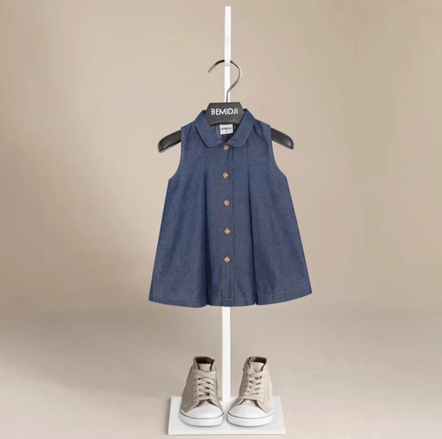 

Girls' Dress 2023 Summer New Denim Sundress Suspender Cotton Sleeveless V-neck Two-piece Dress Button Design