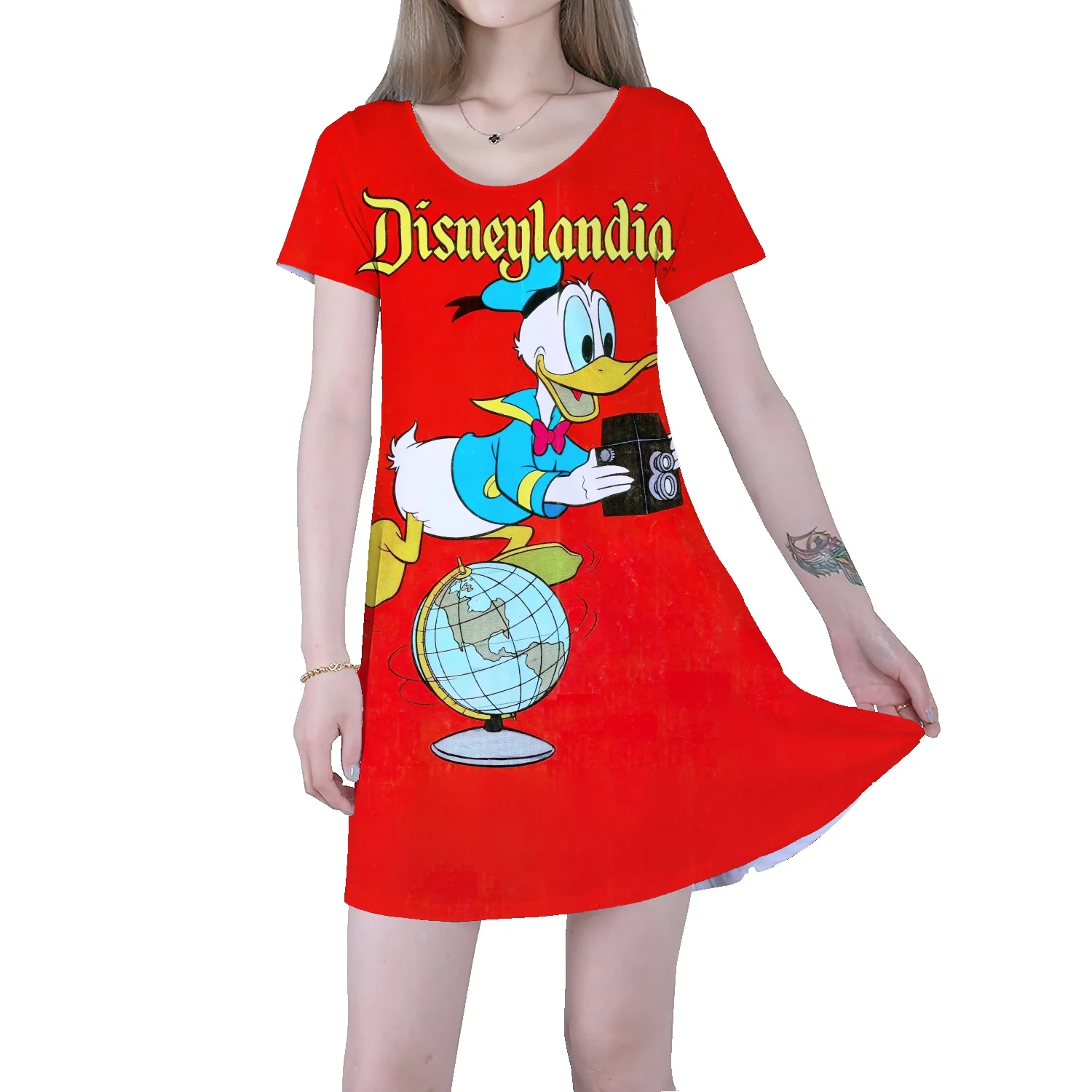 

Disney Donald Duck Girls Dress Children Cute Lady Skirt Summer Short Sleeve T-Shirt Round Neck Long Skirt Over Knee Skirt