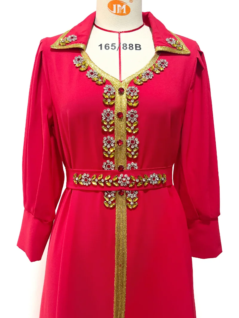 Eid Party Dress Women Lapel Abaya Ramadan Moroccan Kaftan Dubai Luxurious Beads Dresses Elegant Long Sleeve Islam Turkey Abayas