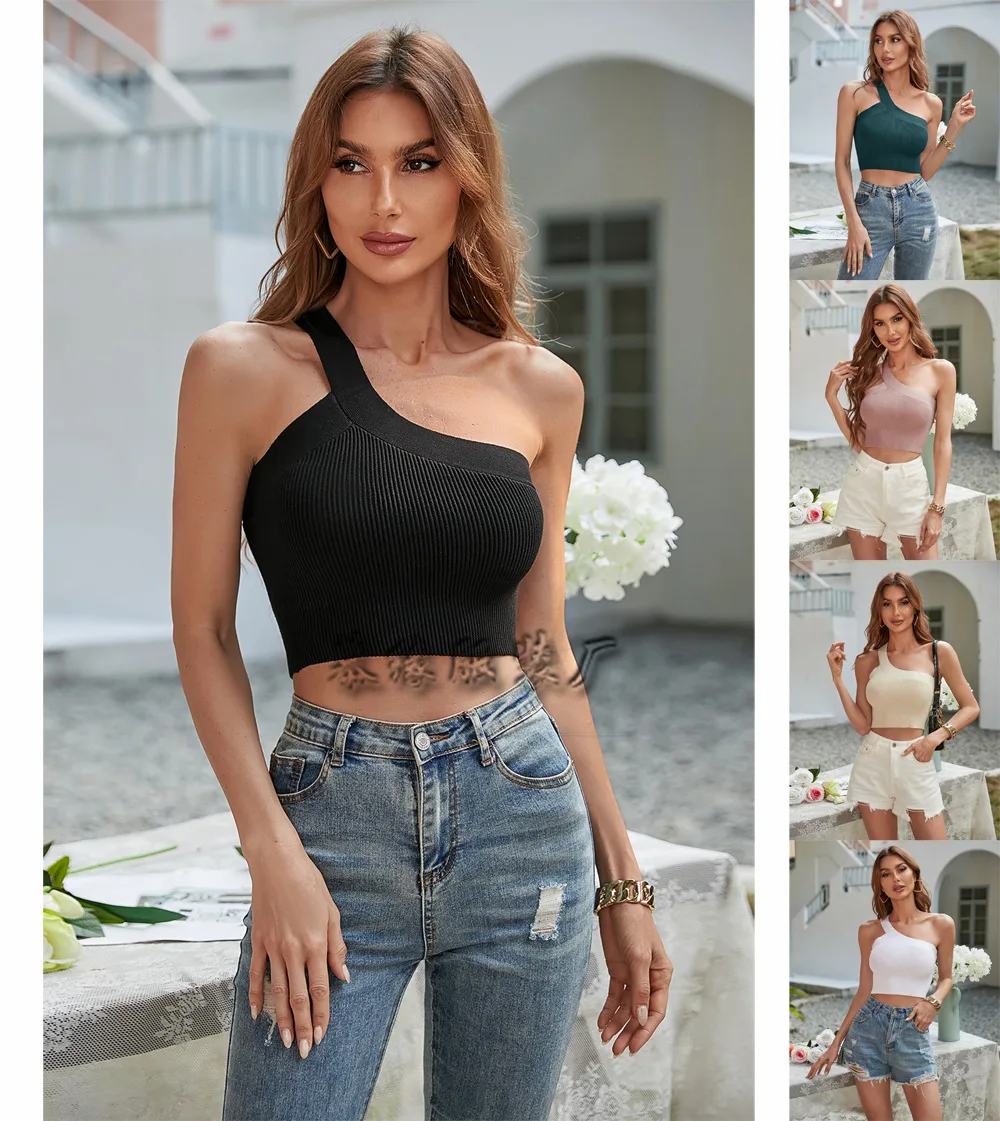 

Summer Off Shoulder Crop Top Korean Fashion Ladies T-Shirt Harajuku Pure Color Straps Fashion Sexy Small Vest Sweaters Rock Tee