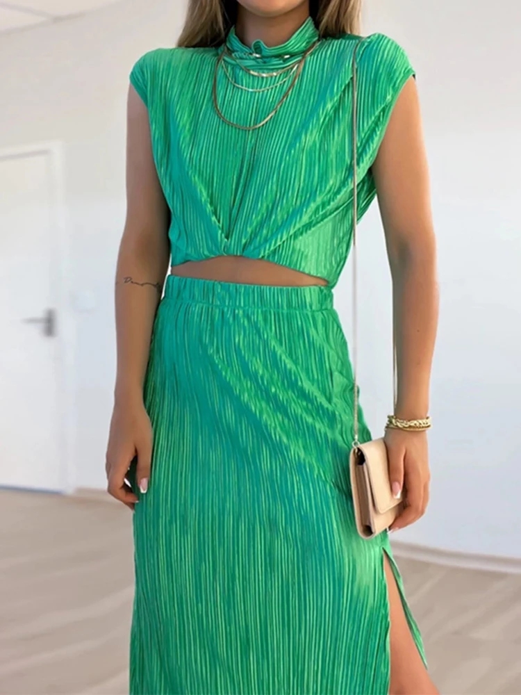 

Женский комплект из юбки и юбки, комплект из 2 предметов, длинное платье макси с разрезом и воротником-стойкой без рукавов, повседневный костюм из блестящего материала