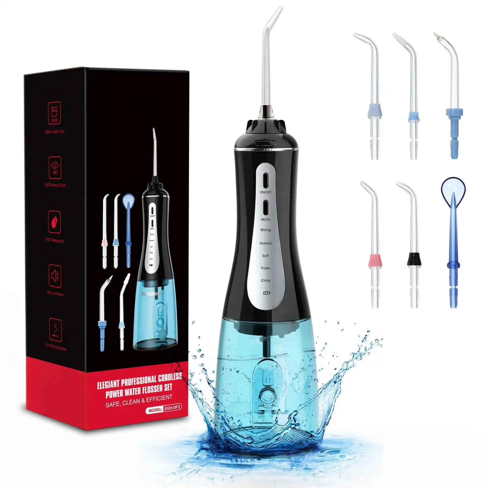 

Waterproof USB Rechargeable Cordless 6 Jet Tips 360 ° Rotation Deep Clean Oral Irrigator with 5 Modes