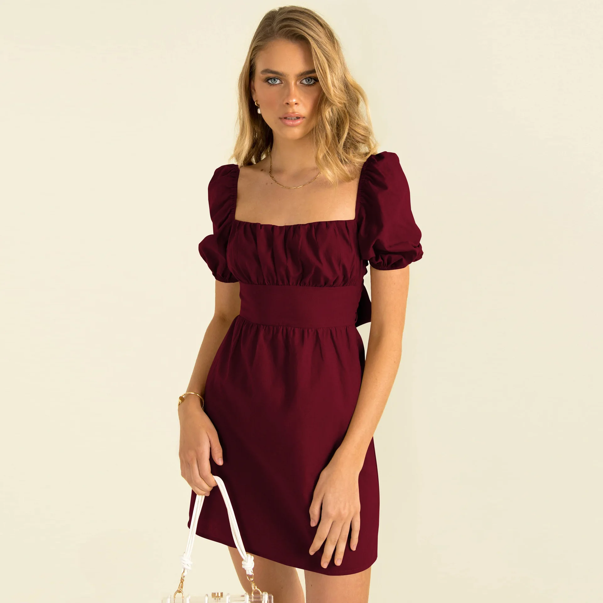 

Summer Women Fashion Solid Color Back Bow Knot Mini Dresses Casual Square Collar Puff Short Sleeve Woman High Quality Dress